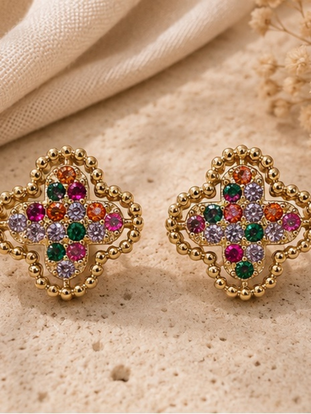 Designer Inspired Luxe Gold Crystal Clover Stud Earrings